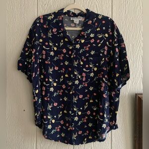 Gina Peters Navy Multicolor Floral Short Sleeve Buttoned Blouse Top Plus Sz 1X